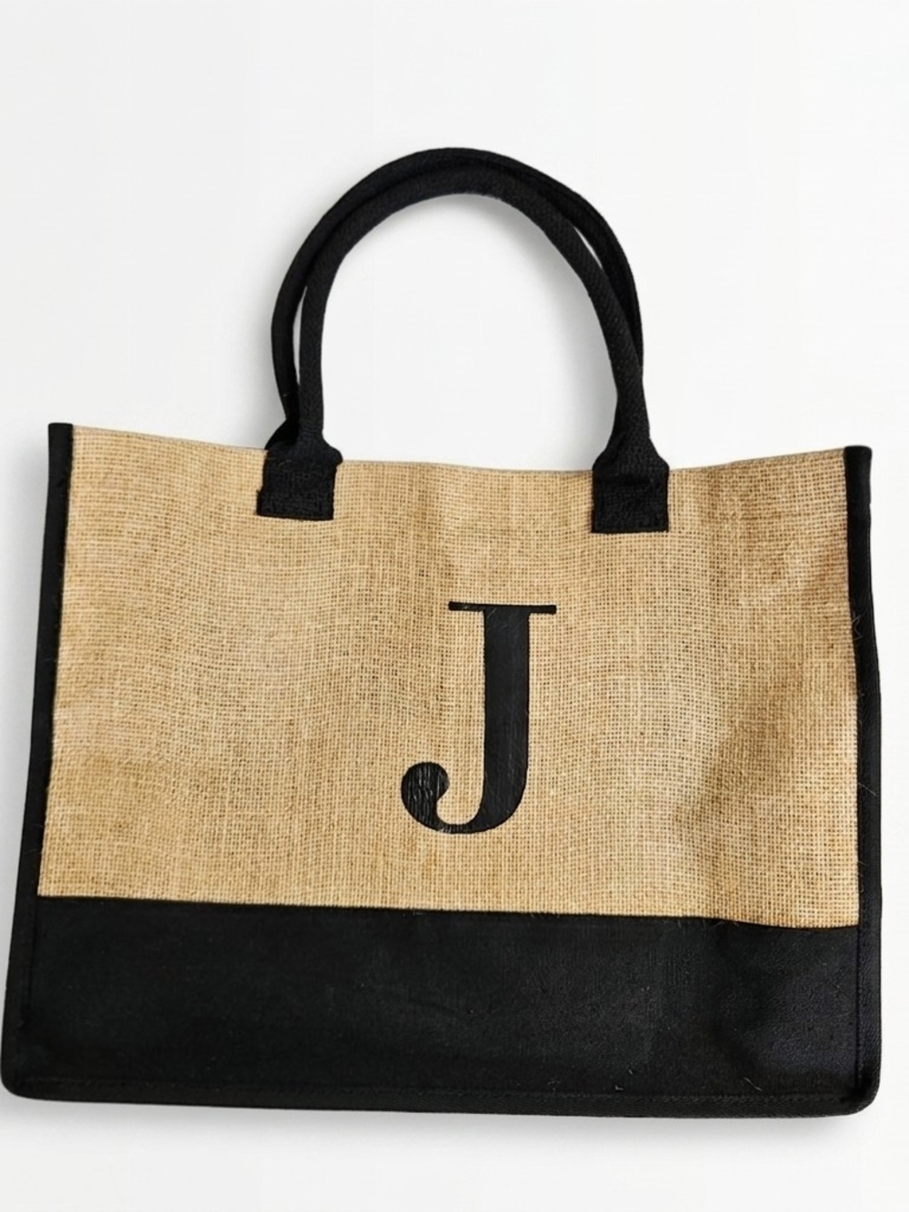 Monogram Initial J Burlap Jute Tote Bag Black Trim